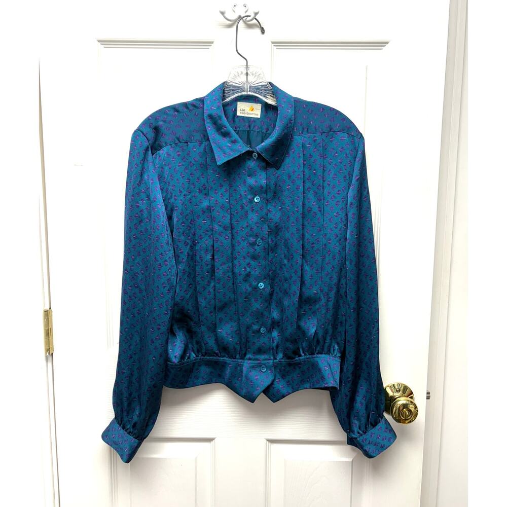 Liz Claiborne Blouse Vintage Blouson Button Front Teal Purple Print Size 10 80s